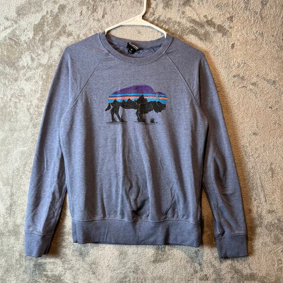 Patagonia (Women's XS) Fitz Roy Bison Ahnya Crewneck Pullover Sweatshirt Blue - Picture 1 of 7